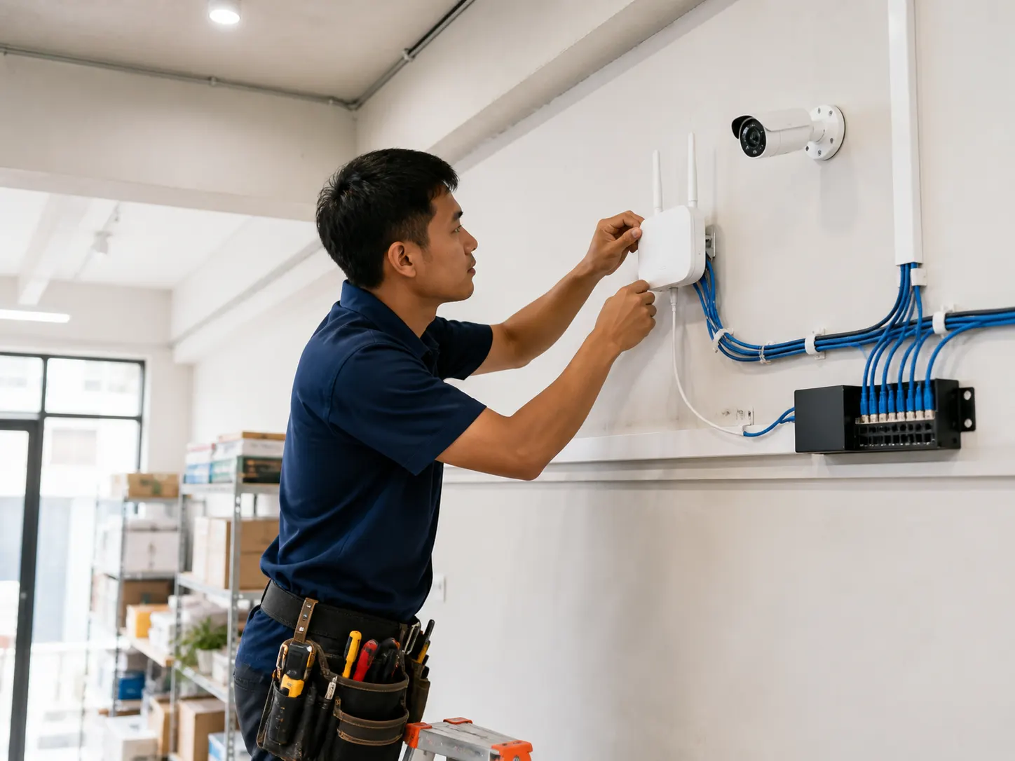 Technician installing network and CCTV equipment