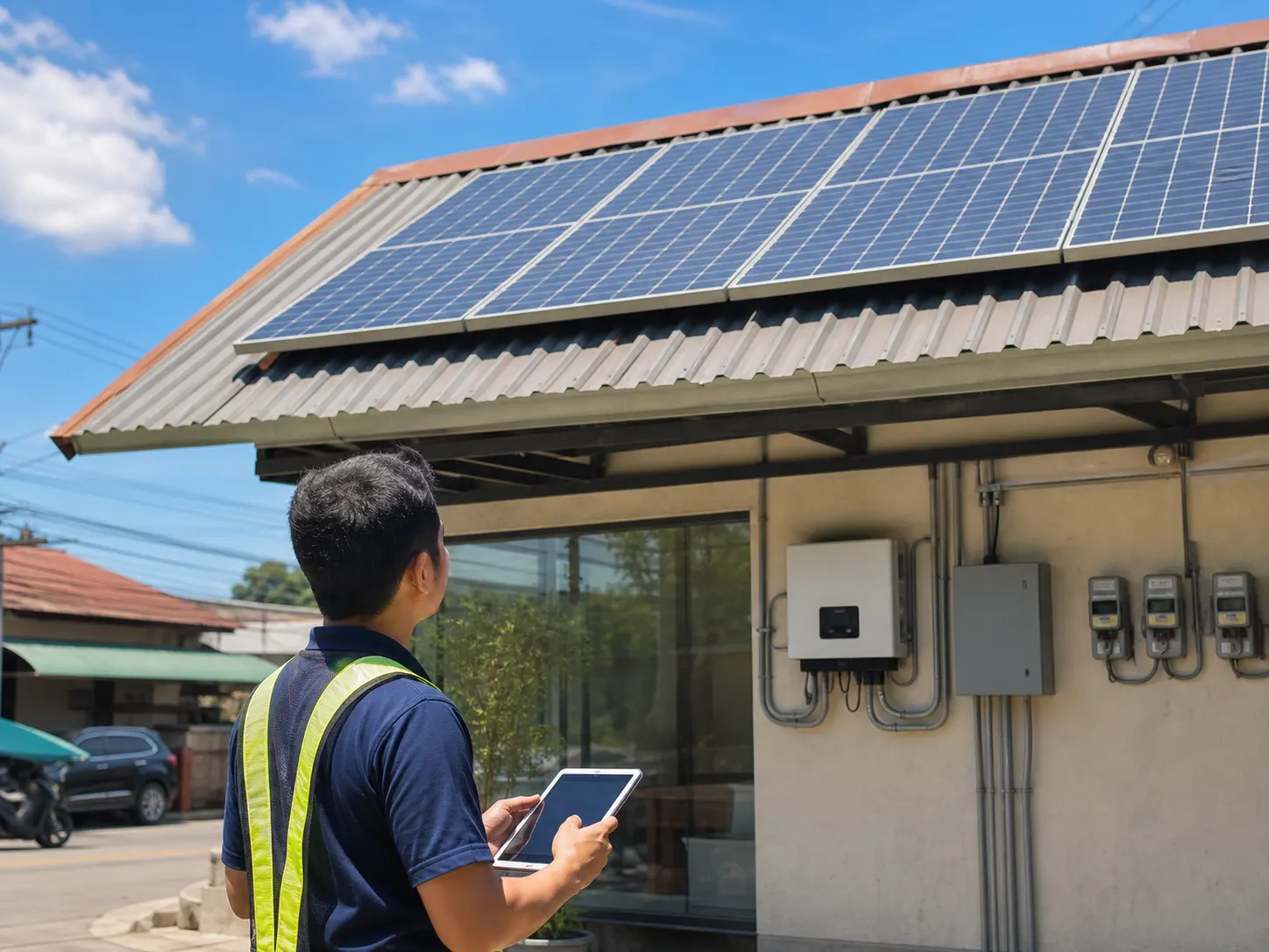 Technician assessing a small business roof for solar sizing